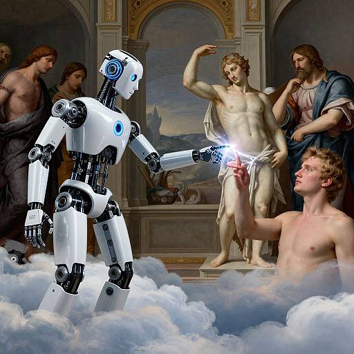 Mechanical Robot Touching Human on Clouds