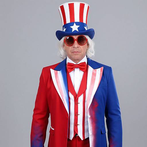 Photograph of an older white man in a red, white, and blue Uncle Sam costume, including top hat, sunglasses, and striped suit, against