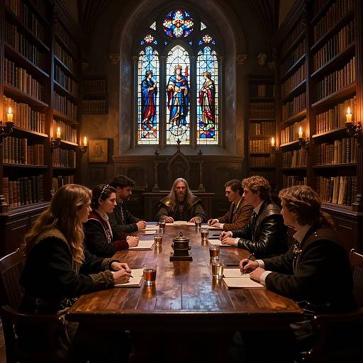 Photograph of six people seated around a wooden table in a dimly lit, book-filled library, illuminated by candlelight and a colorful stained glass window