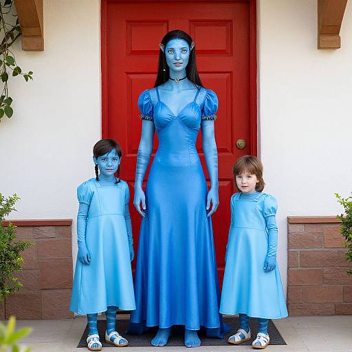 Photograph of a blue-painted woman and two blue-painted children standing in front of a red door, wearing matching light blue dresses.
