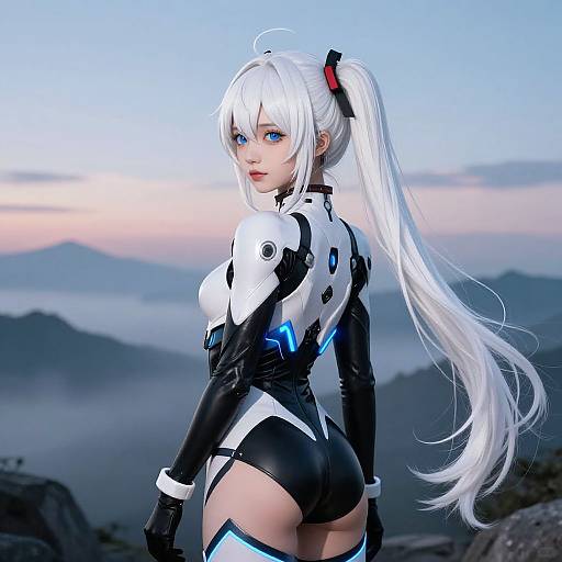 Digital artwork of a white-haired anime girl with blue eyes, wearing a black and white futuristic bodysuit, looking back over her shoulder at a mountain
