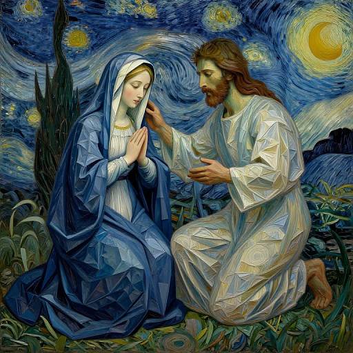 Digital painting of Mary and Jesus in a Starry Night style, kneeling in a field, Mary praying, Jesus blessing, vibrant blue and yellow night sky