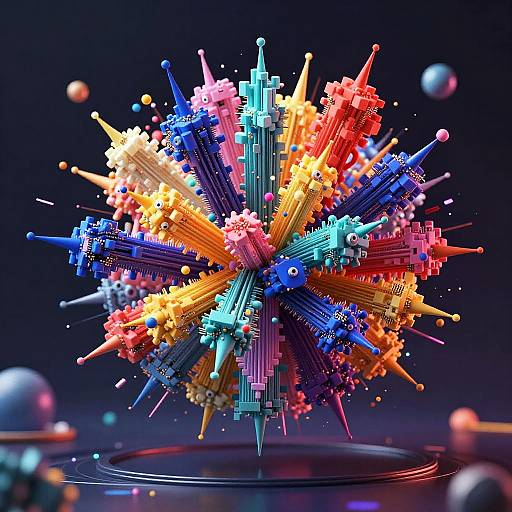 Digital art of a vibrant, multicolored, spherical explosion of neon skyscrapers with sharp, pointed spires, set against a dark, cosmic