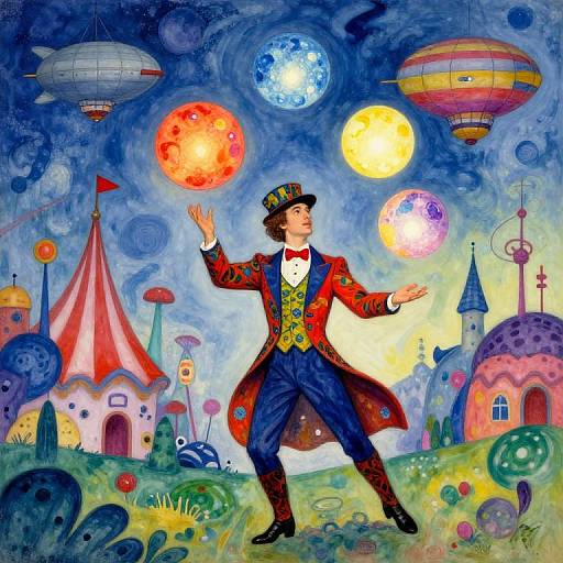 Whimsical painting of a magician in a red coat, top hat, bowtie, and black pants, juggling colorful orbs in a fantastical