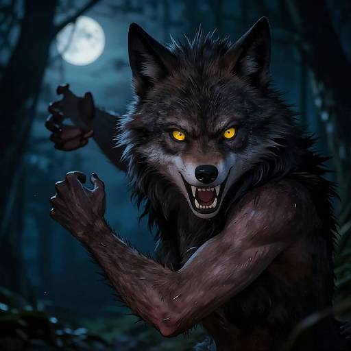 Digital artwork of a snarling, glowing-eyed werewolf with dark fur, raised claws, and a full moon in a dark forest background.