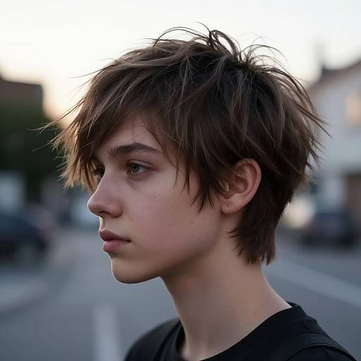 Photograph of a young, androgynous person with short, messy brown hair, pale skin, and a serious expression, standing in a blurred