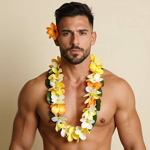 Photograph of a muscular, bearded man with short dark hair, wearing a yellow and white flower lei and an orange flower in his hair, against