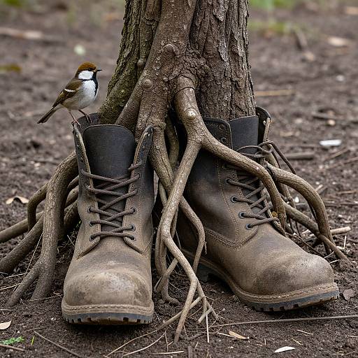 Photograph of worn, brown boots with tree roots entwining them, perched on dark, forest floor, with a small, white and brown