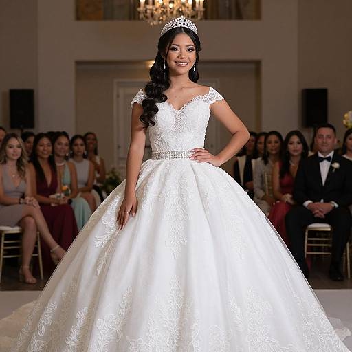 Photograph of a beautiful Latina bride with long black hair, wearing a white lace wedding gown and tiara, standing confidently in a dimly lit ball