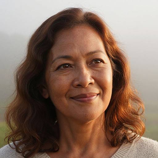 Photograph of a smiling middle-aged woman with medium-length brown hair, wearing a white sweater, softly lit by natural sunlight.