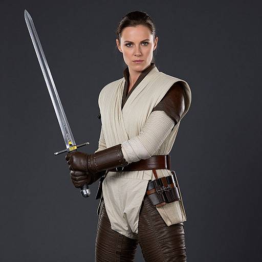 Photograph of a determined woman in white Jedi robes, brown gloves, and black pants, holding a gleaming lightsaber, against a dark gray background