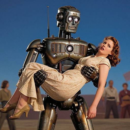 Photograph-style CGI: A retro-styled robot with glowing eyes holds a distressed, mid-20th-century dressed woman in beige dress and heels against