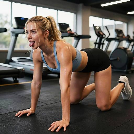 Photograph of a fit blonde woman in a blue sports bra and black shorts, on all fours in a gym, tongue out, sweating, with treadmill