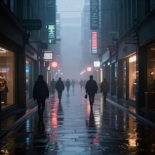 Nighttime urban street photograph: Wet, reflective sidewalk, silhouetted pedestrians, glowing neon signs, misty fog, modern buildings, vibrant lights