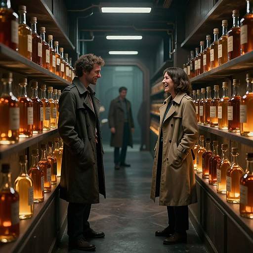 Photograph: Two laughing people in long coats face each other in a dimly lit warehouse aisle filled with illuminated whiskey bottles. Blurred figure in background