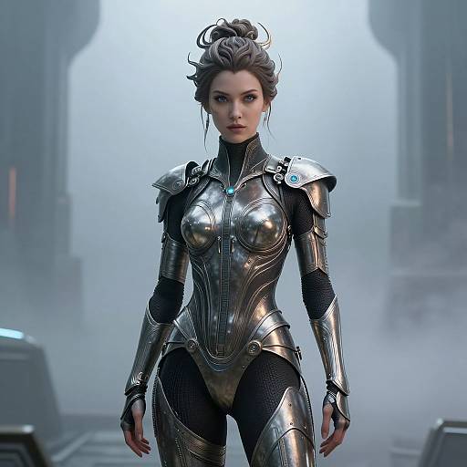 Digital CGI image of a fierce, armored woman with silver breastplate, high-tech gauntlets, and updo hairstyle, standing in a misty
