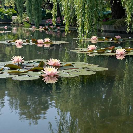 Photograph of a serene pond with pink water lilies, green lily pads, and drooping willow branches, reflecting in the still water.