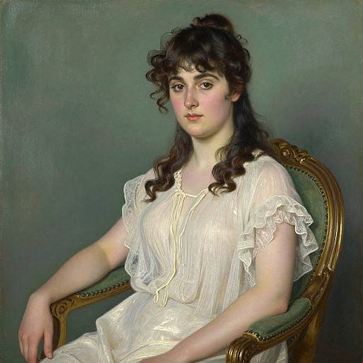 Realistic oil painting of a young woman with curly brown hair, fair skin, wearing a sheer white dress, sitting in a green velvet chair against a