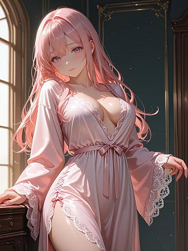 Woman in Blush Pink Satin Boudoir Nightgown