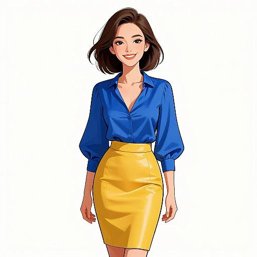 Digital drawing of a smiling woman with shoulder-length brown hair, wearing a blue button-up shirt and yellow pencil skirt, standing against a white background.