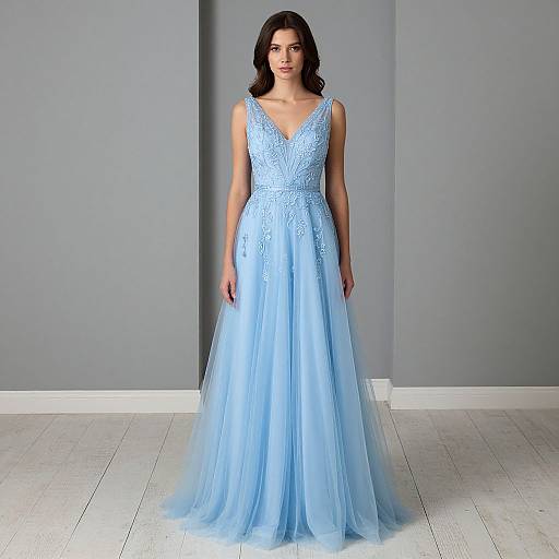 Elegant Woman in Blue Embroidered Prom Dress