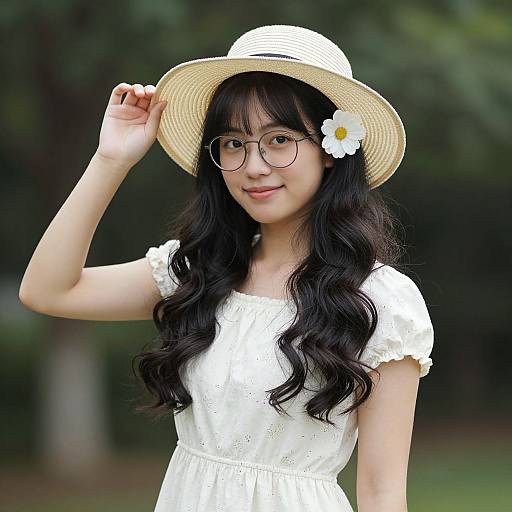 Photograph of an Asian woman with long black hair, wearing glasses, a white lace dress, and straw hat with a daisy, smiling outdoors.