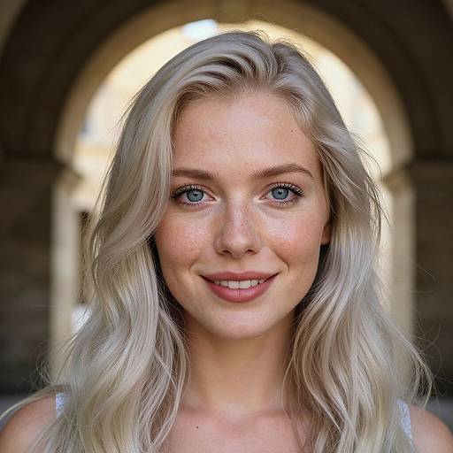 Photograph of a smiling blonde woman with blue eyes, light freckles, and wavy hair, standing against an arched, sunlit background