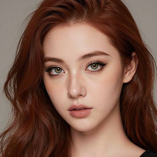 Photorealistic digital portrait of a young woman with pale skin, green eyes, and long, wavy auburn hair, looking directly at the