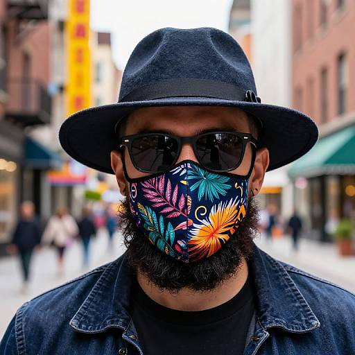 Photograph of a man with a black hat, sunglasses, and colorful floral mask, dark denim jacket, standing in a blurred urban street.