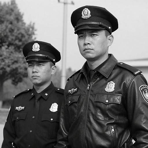 Intense Black-and-White Police Officers Portrait