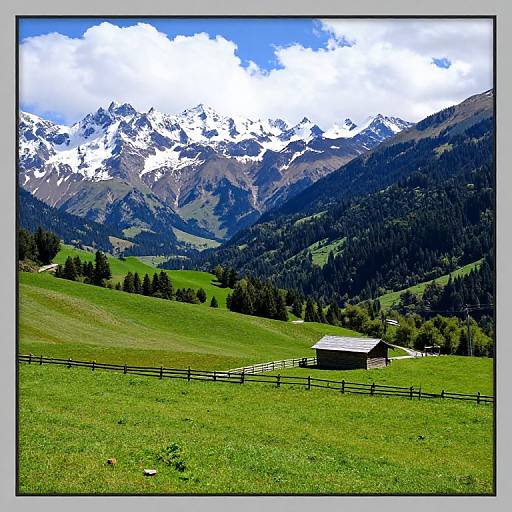 Photograph of a vibrant green meadow with a small wooden barn, surrounded by a fence, and towering snow-capped mountains under a partly cloudy blue