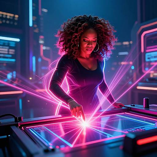 Photograph of a curly-haired Black woman DJing in a neon-lit futuristic city, with vibrant pink and blue lights illuminating her and the DJ