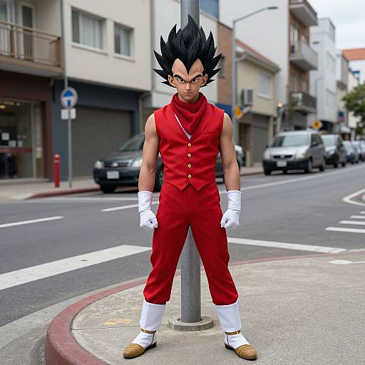 Digital artwork of Goku standing on a city street corner, wearing a red vest and pants, white gloves, and brown shoes, with spiky black hair