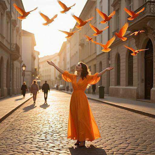 Photograph of a woman in a flowing orange dress, arms outstretched, standing on a sunlit cobblestone street with seven flying orange birds