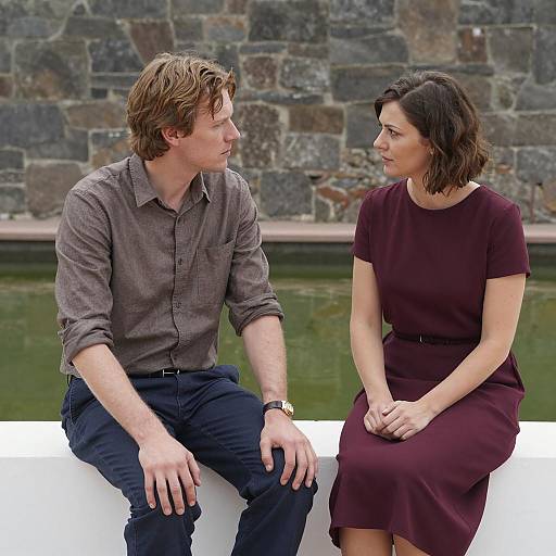 Man and Woman Sitting by Pond at Stone Wall