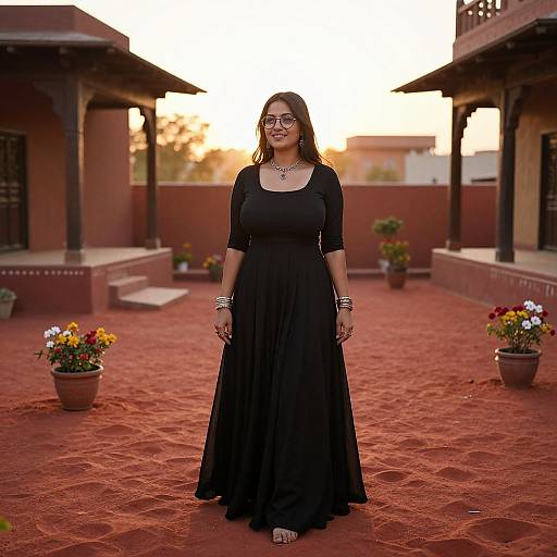 Photograph of a smiling woman with long dark hair, glasses, and black long dress, standing on a red-tiled courtyard at sunset, surrounded by