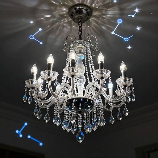 Photograph of an ornate, crystal chandelier with glowing white bulbs, adorned with dangling crystals, set against a dark ceiling with blue constellation light patterns