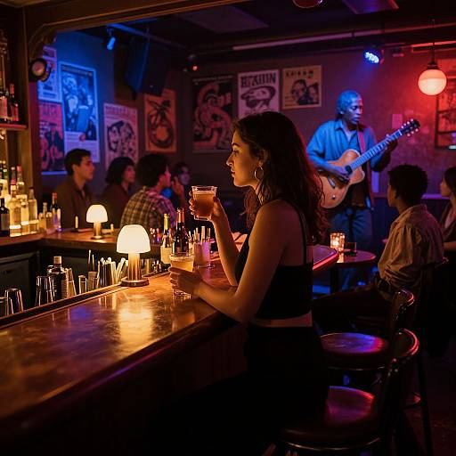 Photograph of a dimly-lit bar with a woman in a black crop top and hoop earrings, holding a drink, while a musician in a