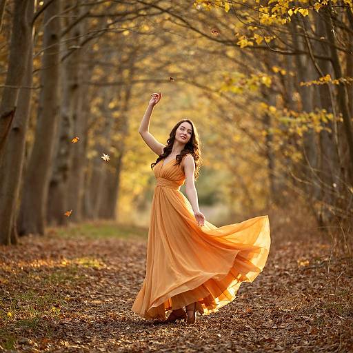Photograph of a smiling woman with long dark hair, wearing a flowing orange dress, twirling in a sunlit autumn forest path.