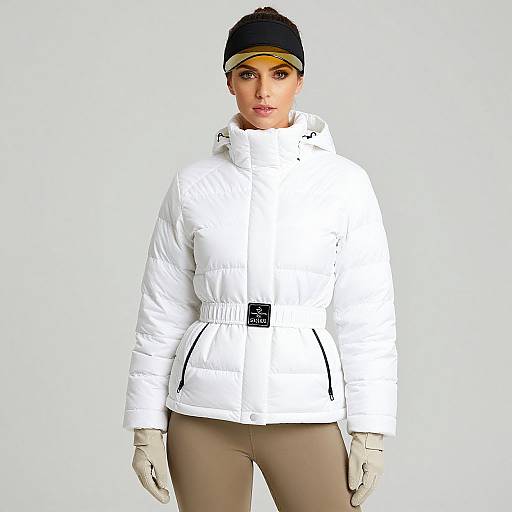 Photograph of a woman wearing a white, puffy winter jacket, beige pants, white gloves, black beanie, and neutral expression, against a