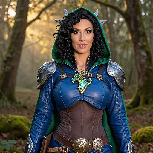 Photorealistic digital artwork of a dark-haired woman in a blue leather hooded outfit with silver shoulder plates, green hood, and dragon pendant, standing