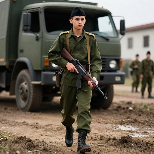 Young Soldier Walking with Rifle