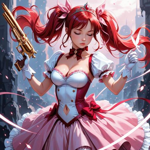 Anime Girl in Elegant Dress Holding Golden Gun