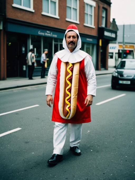 Man in Hot Dog Costume on Street