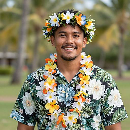 Photograph of a smiling man with medium brown skin, wearing a floral headband and shirt, adorned with colorful hibiscus and daisy flowers