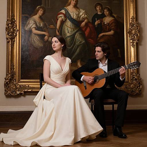 Photograph of a brunette woman in a white, deep V-neck gown seated beside a man playing an acoustic guitar in front of a classical painting in a