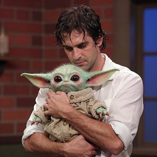 Man Embracing Alien Creature in Focus