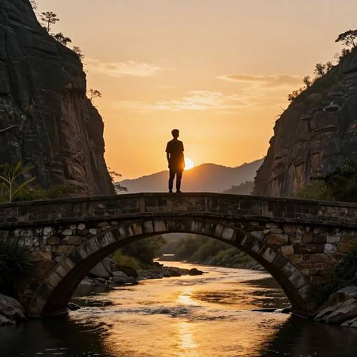 Silhouetted person stands on stone bridge at sunset, reflecting golden light on river between rocky cliffs. Photograph.