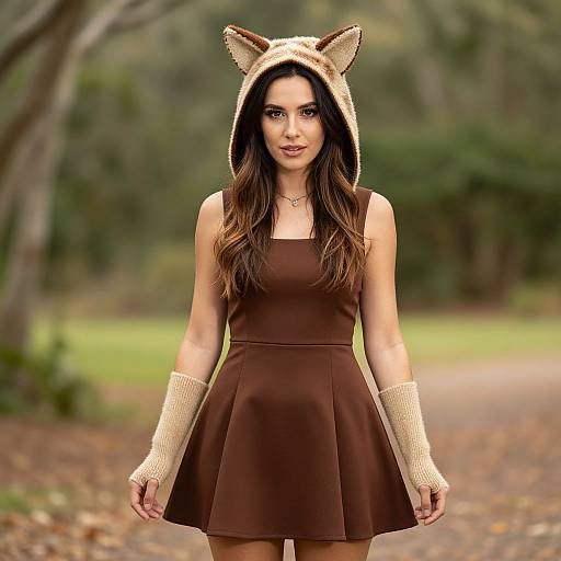 Photograph of a young woman with long brown hair, wearing a brown dress, cat-ear hood, and beige wrist warmers, standing on a