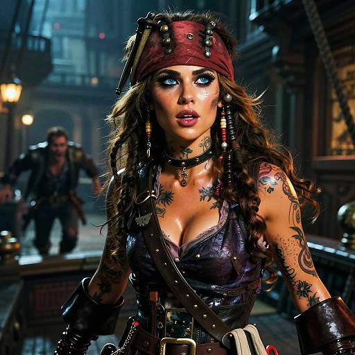 Fearless Tattooed Pirate Captain At Night